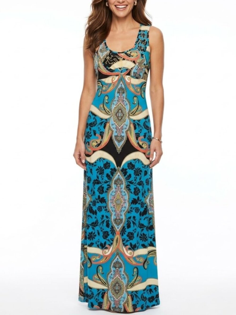 One World Boho Psych Paisley Maxi Dress Turquoise Empire Waist Studded Medium